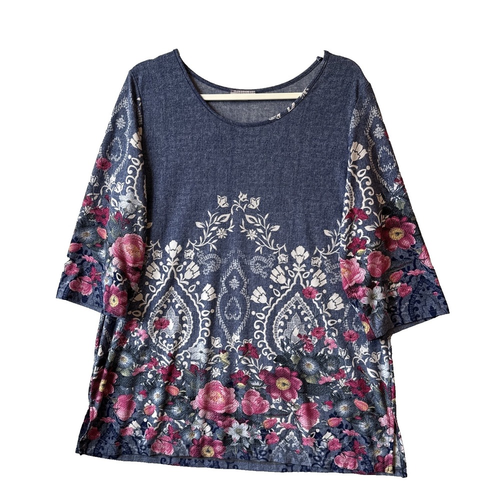 Allison Daley Essential Boho Cottage Floral Print Stretch Tunic Top L Chic Art